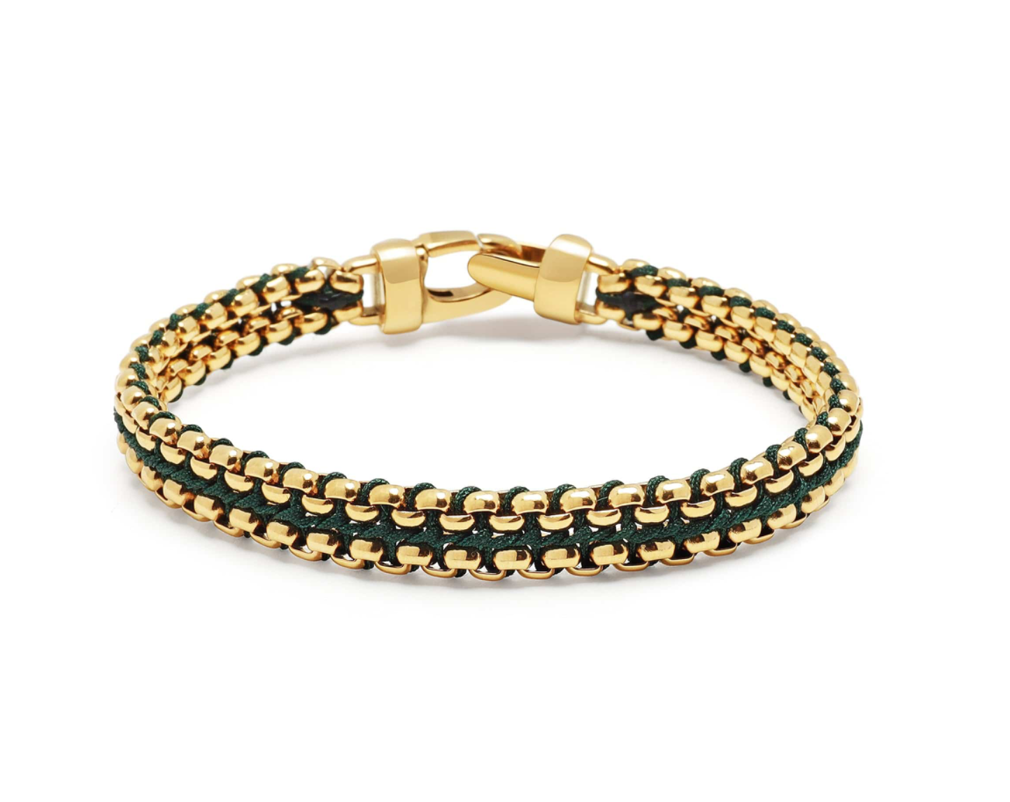 Green Woven Box Chain Bracelet in Gold