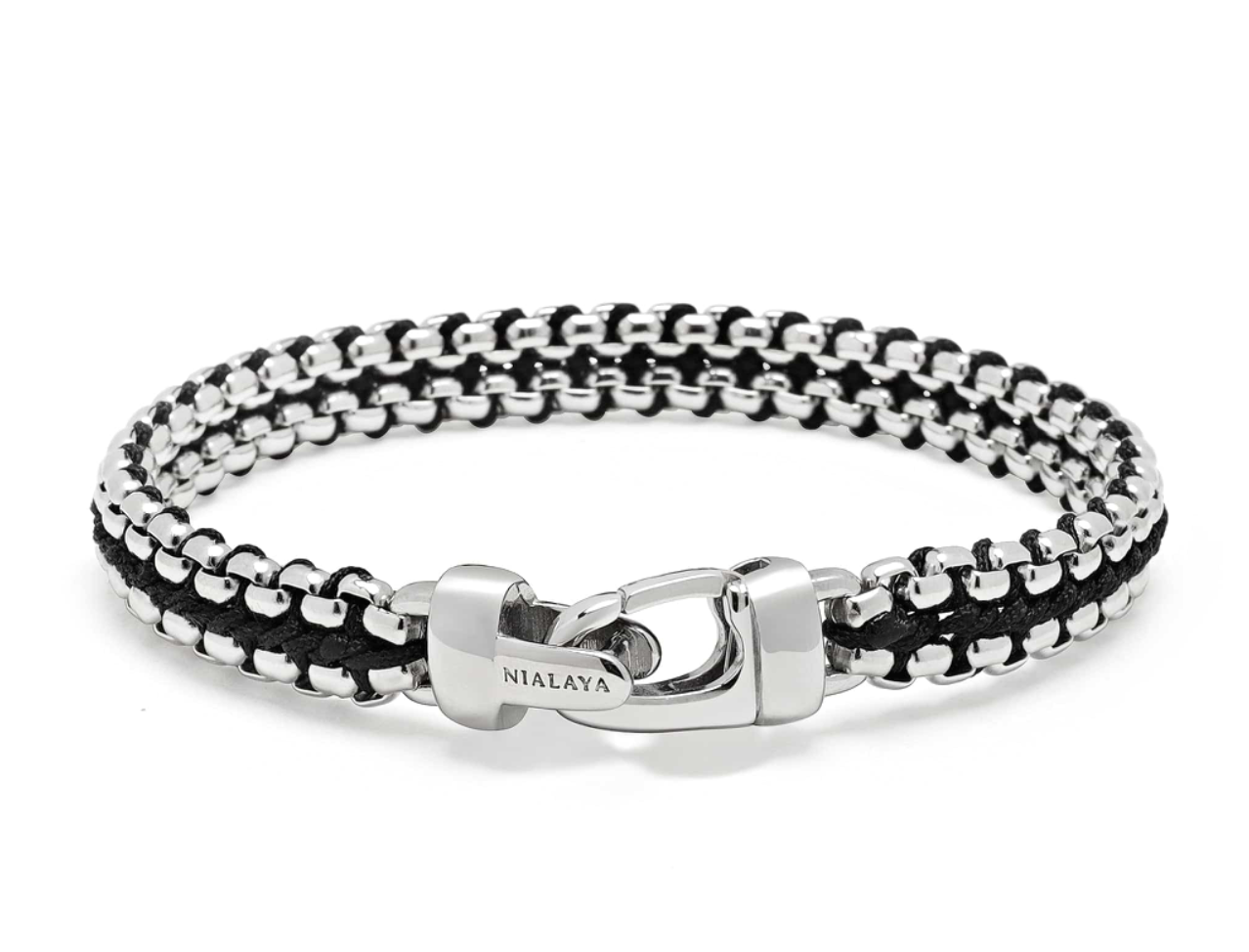 Black Woven Box Chain Bracelet in Silver