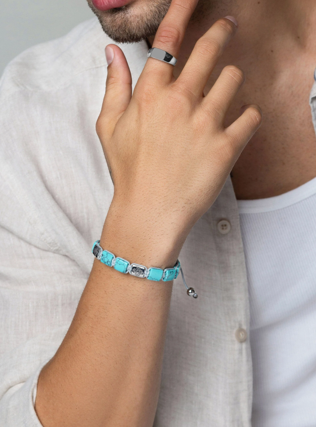 Turquoise and silver drove flatbead bracelet