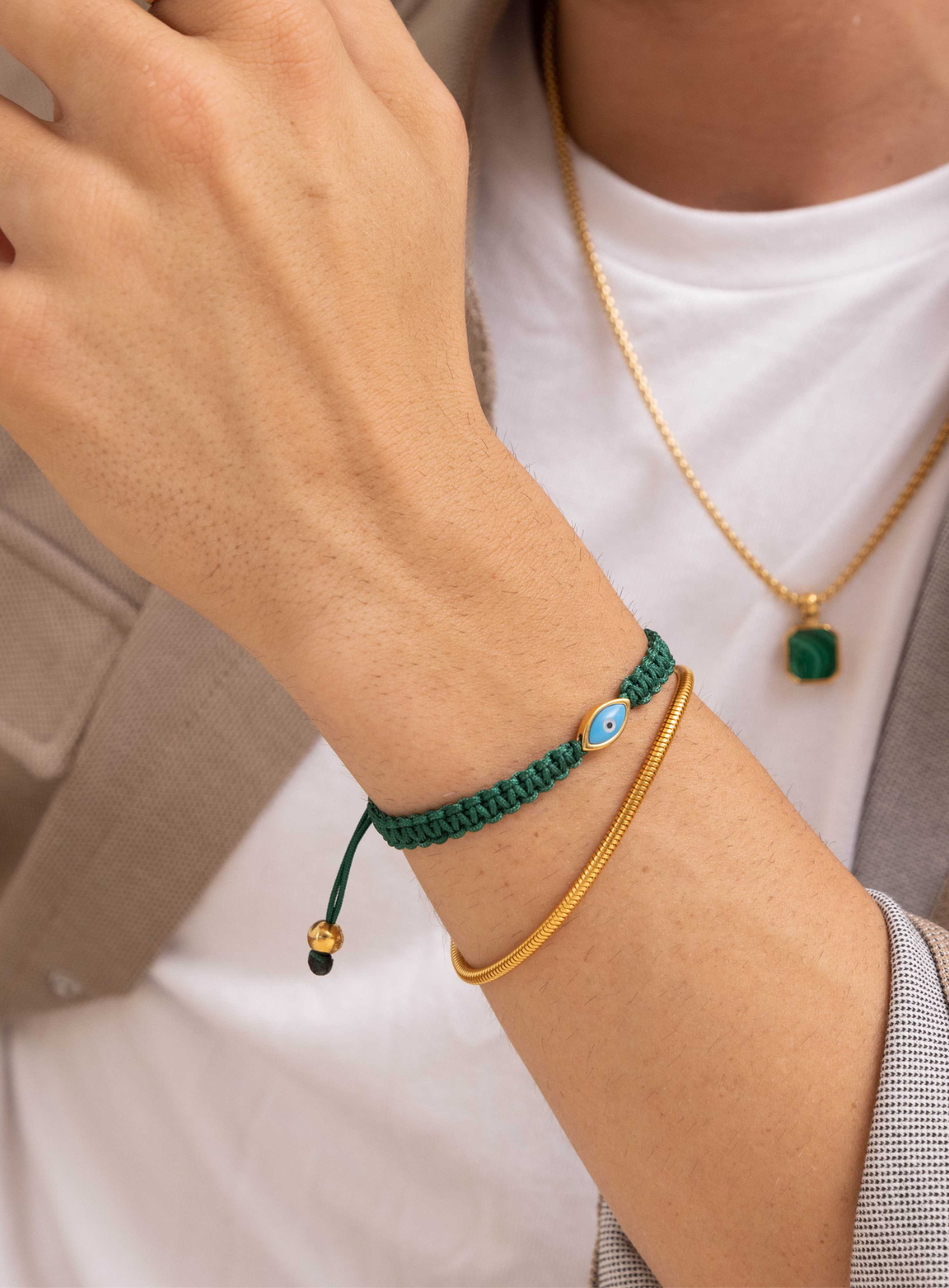 Men's Dark Green String Bracelet with Gold Evil Eye