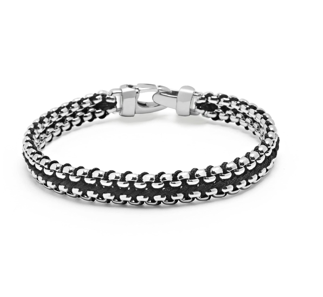 Black Woven Box Chain Bracelet in Silver